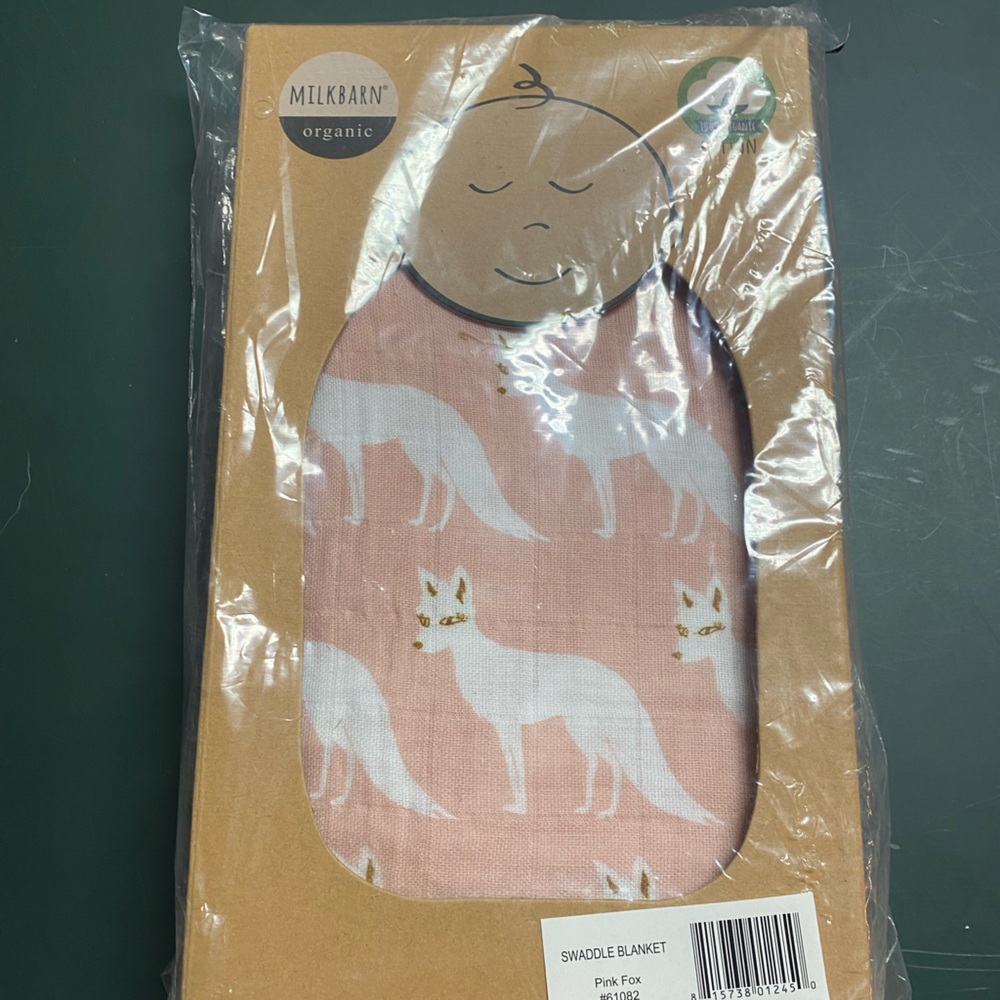 New in Box Milkbarn Organic Pink Fox Swaddle Blanket